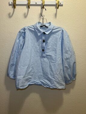 Zara Light Blue Cotton Button-Front Casual Shirt